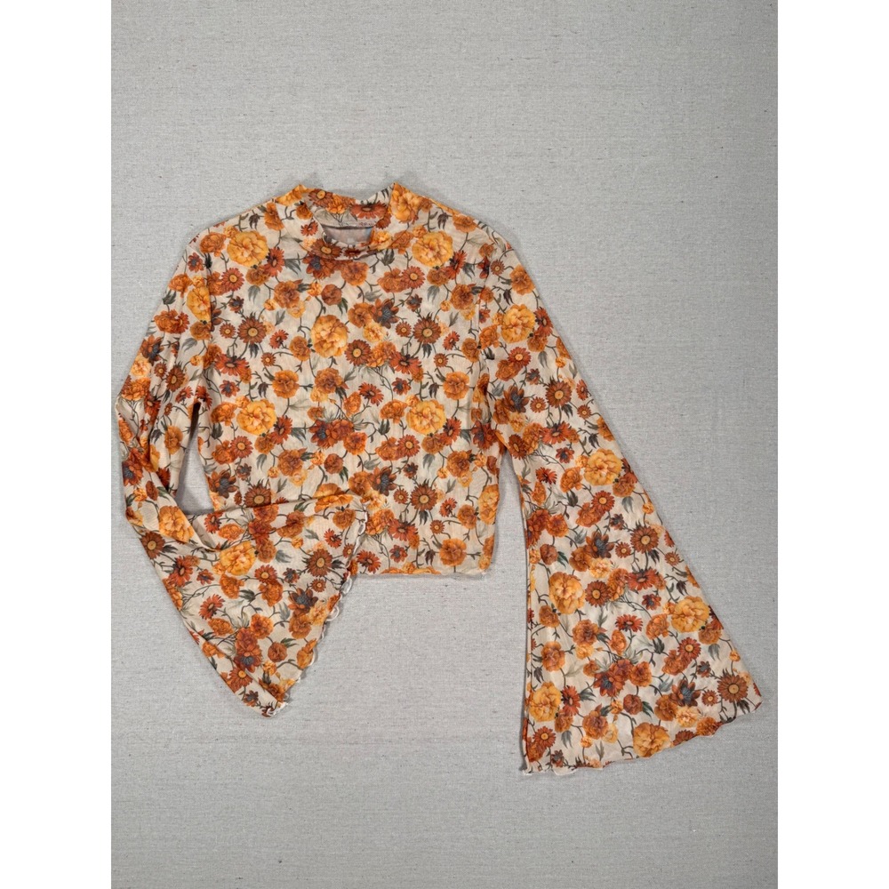Orange Floral Mesh Crop Top Mock Neck Bell Sleeve Retro 70s Style Sheer Shirt